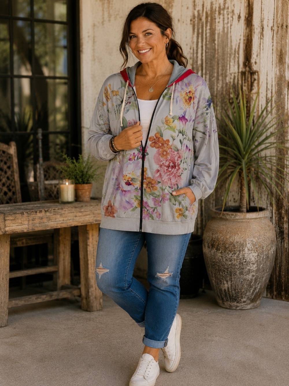 Blumin Apparel Plus Boutique Floral Double Hood Full Zip Hoodie 2X NWT